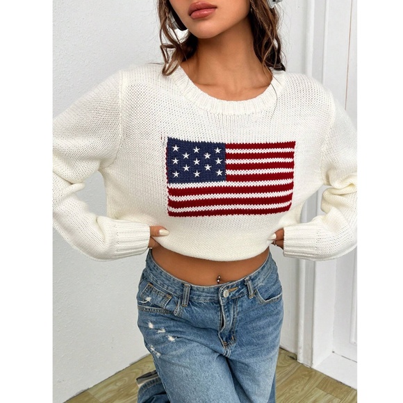 American Flag Knit Off White Pullover Sweater Crew Neck Long Sleeve - Picture 6 of 16